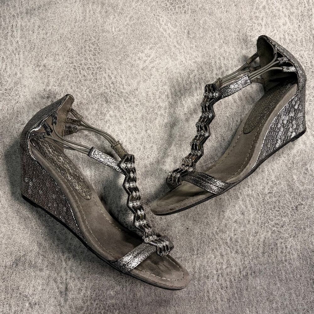 Silver Metallic Sequin Wedge Sandals